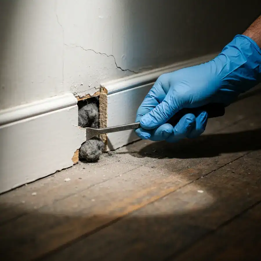 Gloved hand prying back a white baseboard to inspect a dusty wall cavity in a dimly lit room.