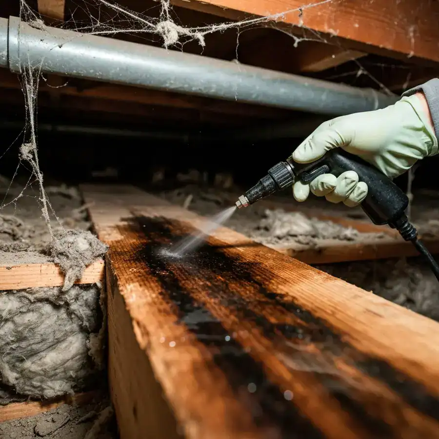 Gloved hand saturating a stained wooden joist with liquid cleaner inside a dark, dusty basement crawlspace.