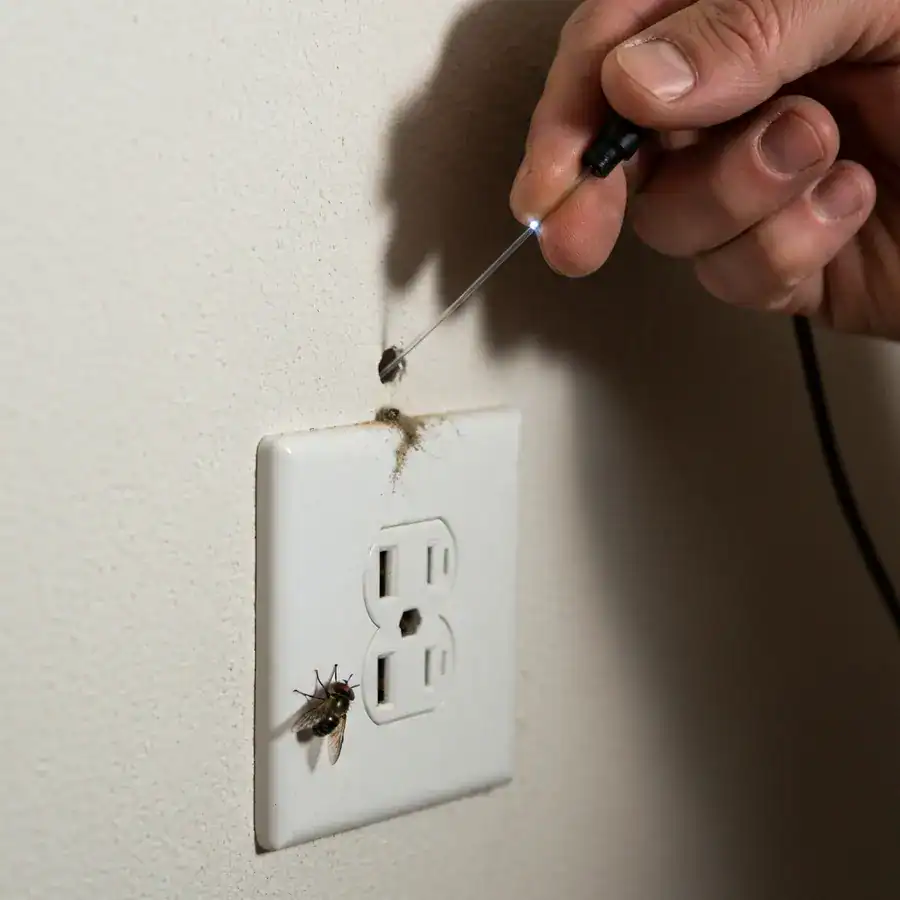 Technician feeds a borescope camera into a drywall hole near an outlet to locate a dead rodent carcass.