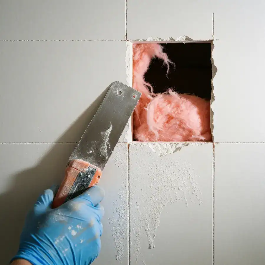 Close-up of a gloved hand next to a 4x4 inch hole cut into a wall, revealing insulation in high-contrast light.