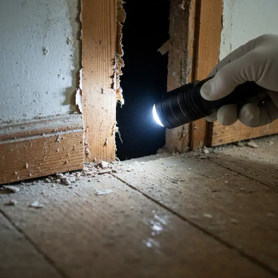 Flashlight beam illuminating a dark gap behind a wooden baseboard in a dusty, moisture-stained room.