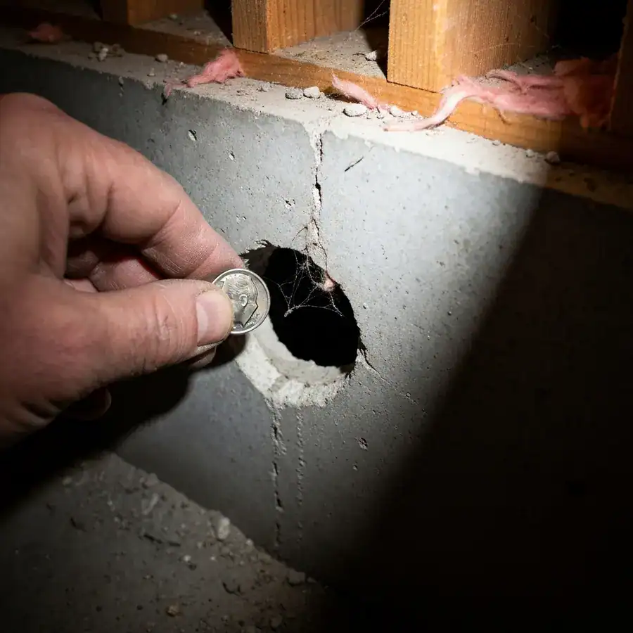 Hand holding a dime next to a gap in a foundation wall to show a rodent entry point in a dark basement.