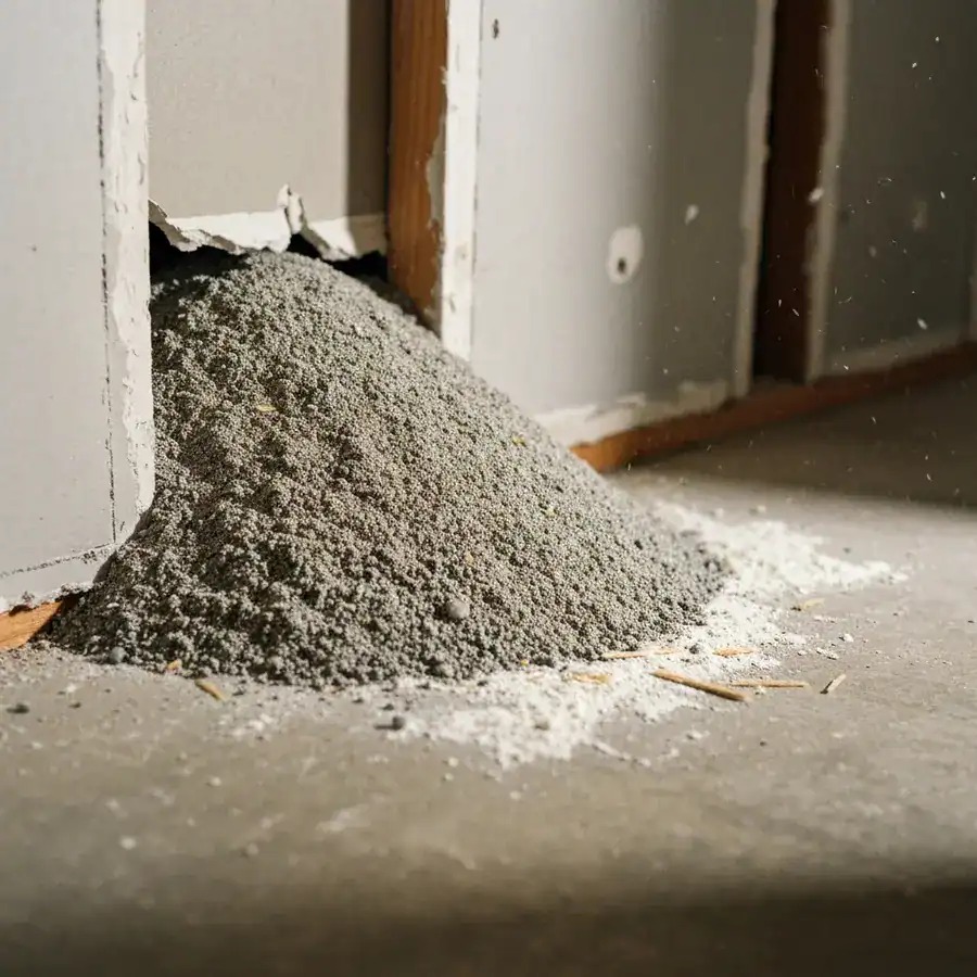 Close-up of grey kitty litter spilling from a jagged drywall hole onto a dusty concrete basement floor.