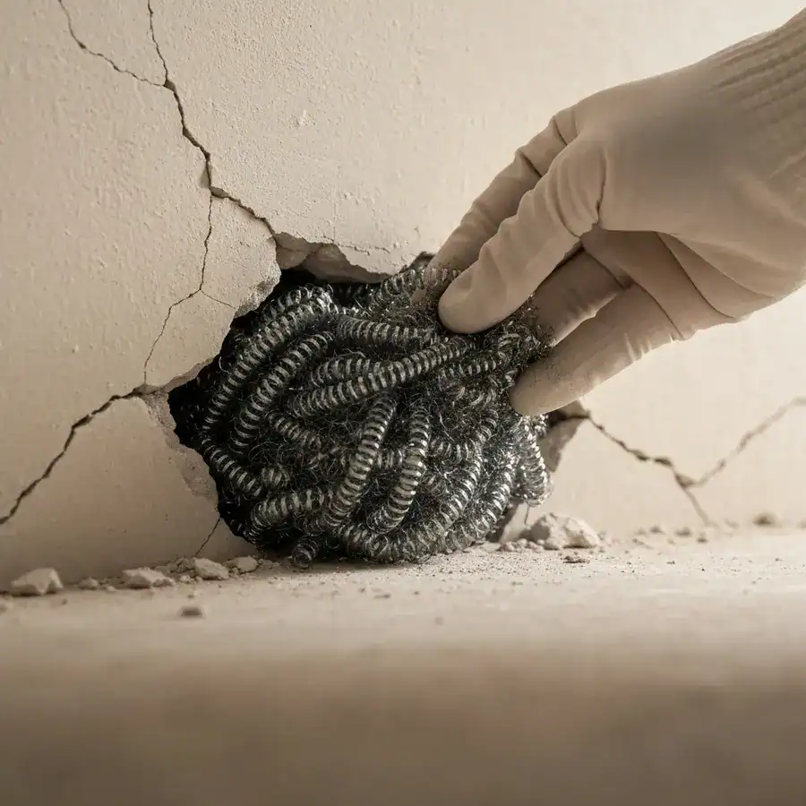 Gloved hand stuffing steel wool into a jagged wall hole to block rodent entry points in a dimly lit room.