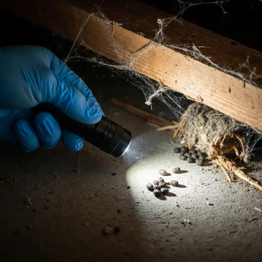 Gloved hand pointing a flashlight at rodent droppings and nesting materials in a dusty attic crawl space.