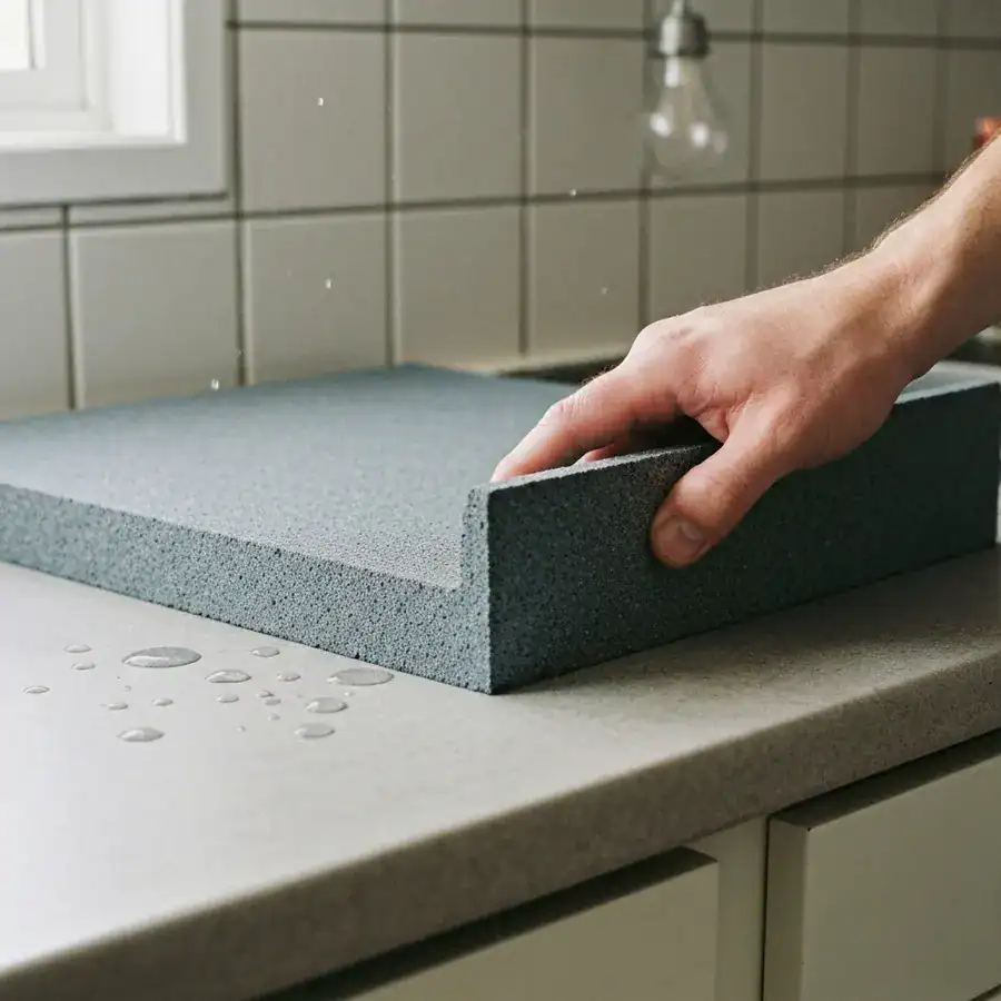 Close-up of a hand gripping a grey diatomite stone mat on a kitchen counter, showing its solid, dust-free ceramic texture.