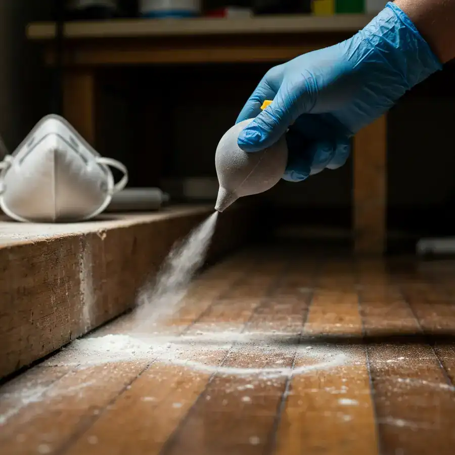 Close-up of a gloved hand and bulb duster releasing a fine powder puff into a dark baseboard crevice.