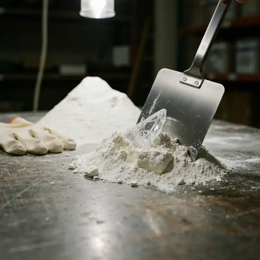 Metal spatula pressing into jagged calcined powder on a scratched industrial workbench in a dim warehouse.