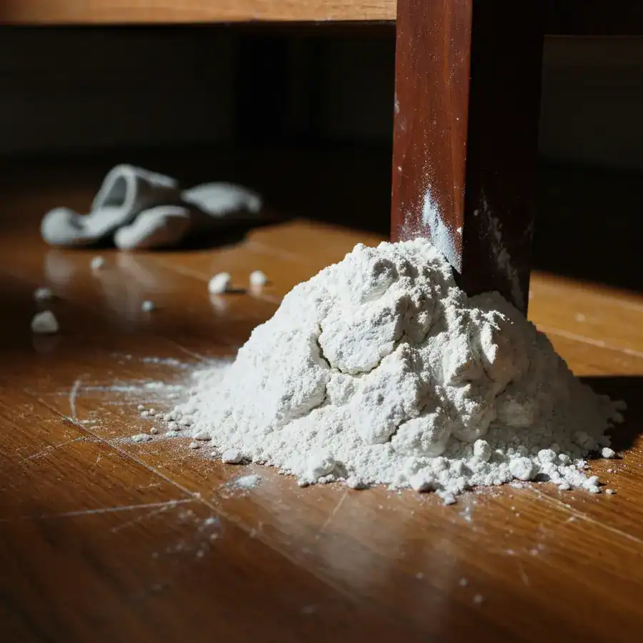 Thick mound of white powder piled against a dark bed frame leg on a scuffed wooden floor in a dimly lit bedroom.