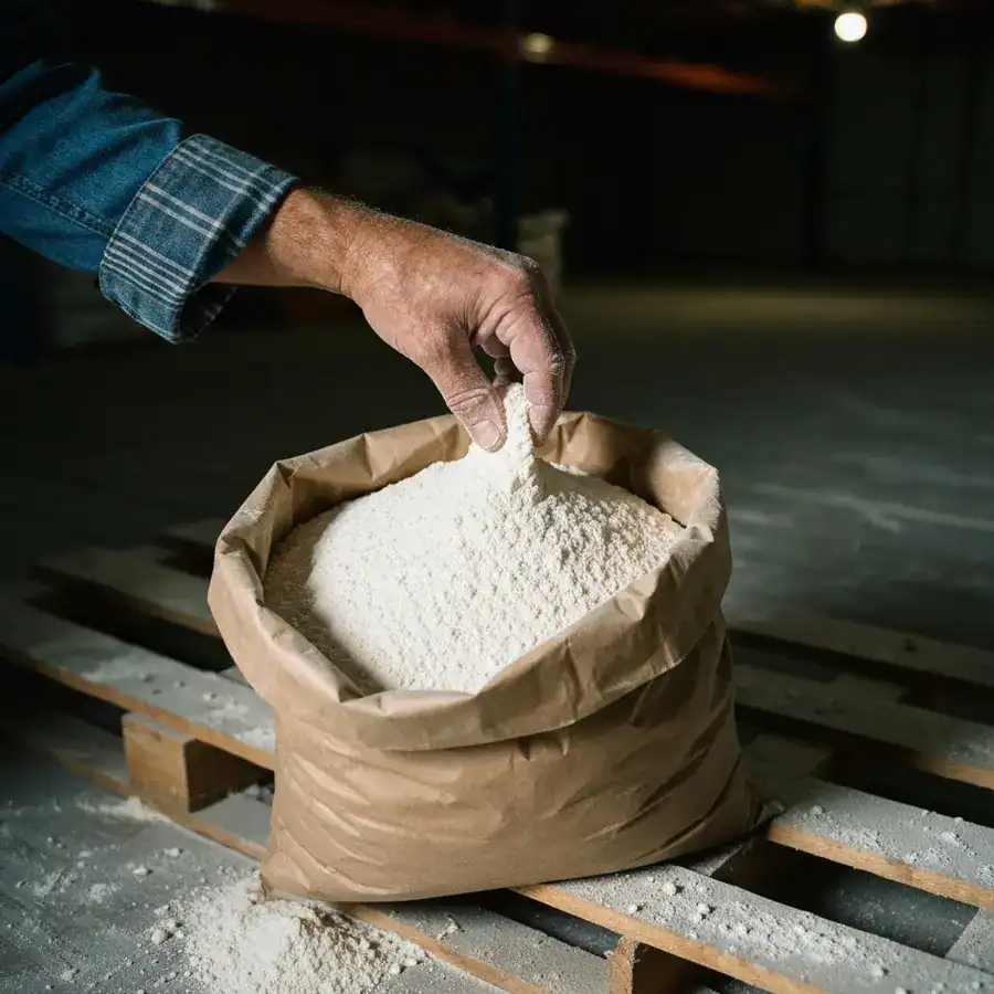 Close-up of a hand pinching fine white powder from an open paper bag inside a dimly lit warehouse.