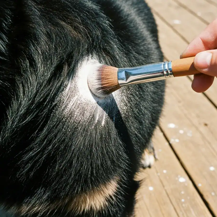 Close-up of a makeup brush dabbing white powder into dark dog fur on a rustic wooden porch outdoors.