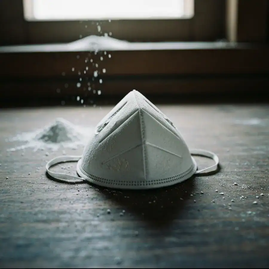 Dusty N95 respirator mask sits on a workbench surrounded by fine white diatomaceous earth particles in a workshop.