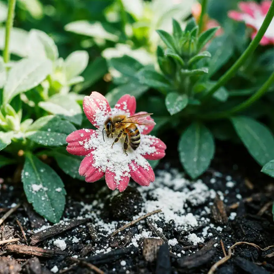 Dead honeybee on a flower blossom coated in white diatomaceous earth powder in a garden.