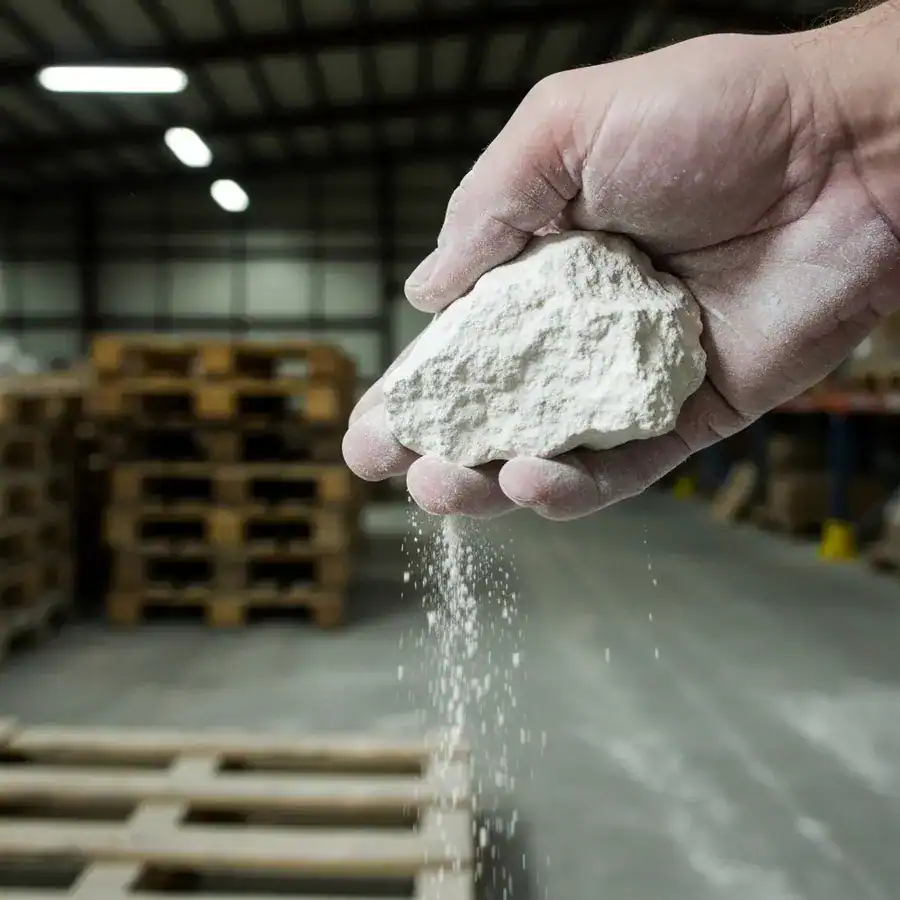 Close-up of a hand crushing raw diatomaceous earth into fine white powder inside a dimly lit industrial warehouse.