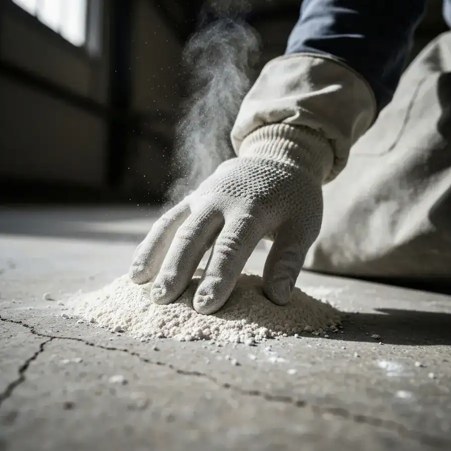 Gloved hand touching fine white powder, kicking up a dust cloud on a gritty industrial concrete floor.
