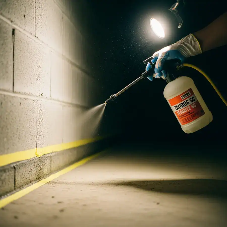Close-up of a paper towel wiping away termite treatment solution on a basement floor.
