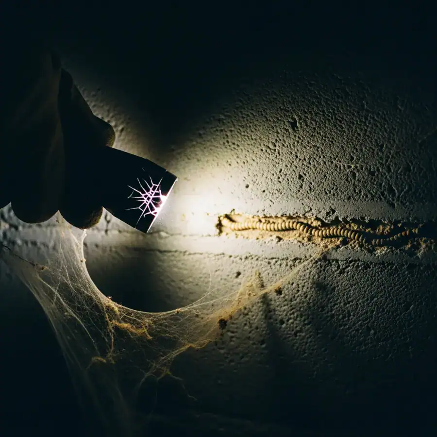 Close-up of mud tube crawling up basement wall; flashlight illuminates possible termite damage in dark, unfinished space.