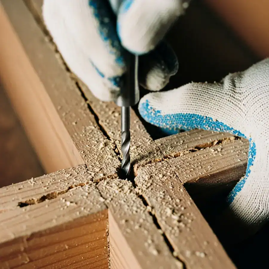 Close-up of mud tubes climbing a cracked foundation wall, illuminated by flashlight in a dusty basement.