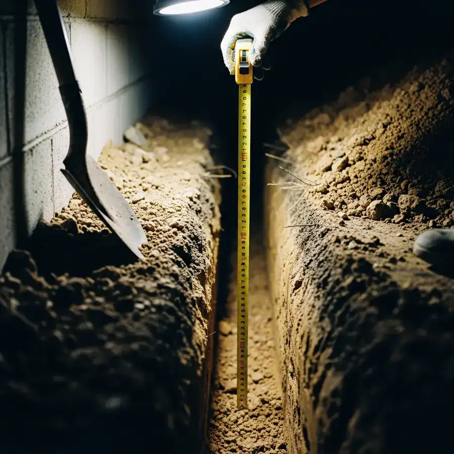 Close-up of measuring tape extending into trench, verifying depth, loose soil and shovel visible near foundation.