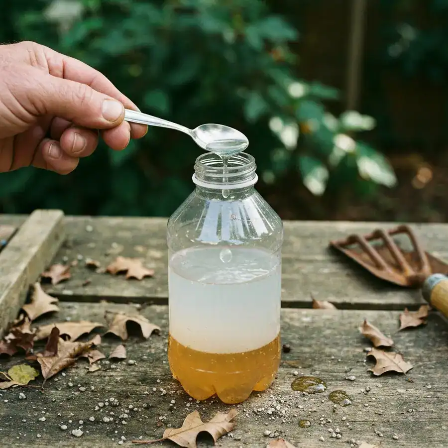Close-up of a hand adding dish soap to a plastic bottle wasp trap on a weathered wooden garden workbench.