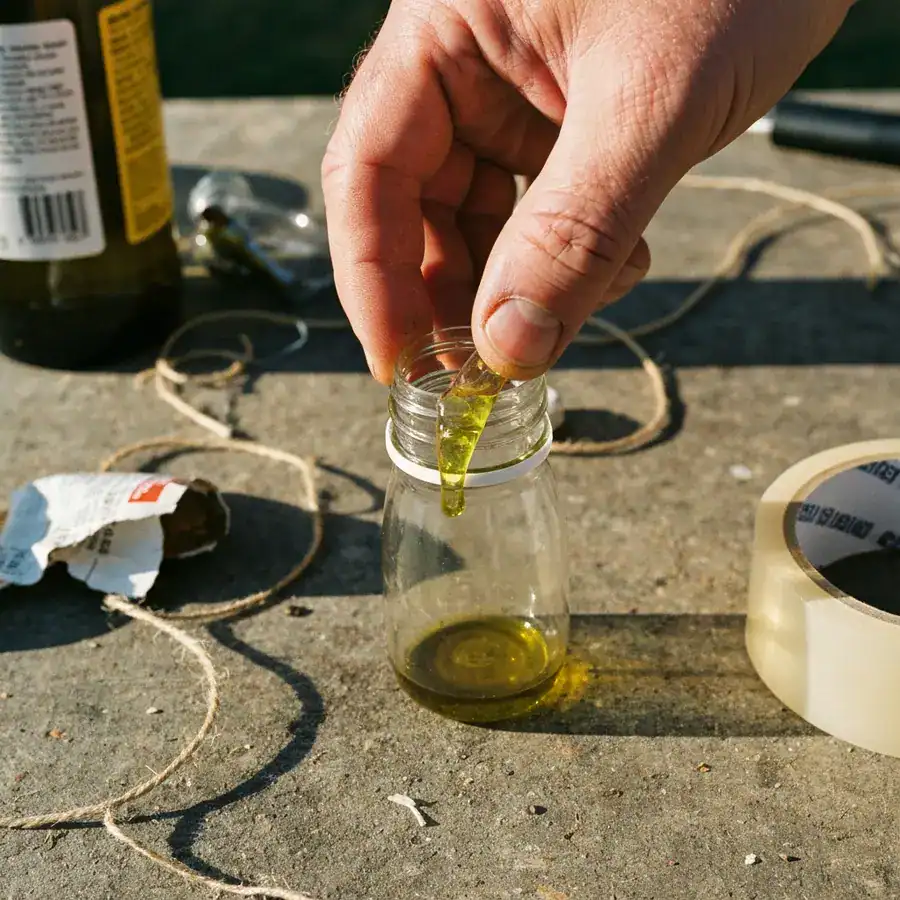 Close-up of a hand coating a plastic bottle funnel with olive oil on a textured outdoor workbench.