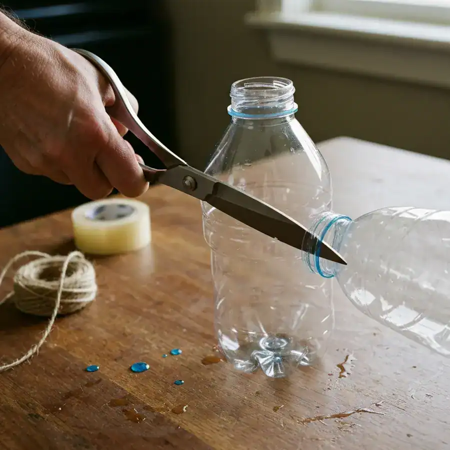 Close-up of scissors slicing a clear plastic bottle on a kitchen counter surrounded by DIY assembly materials.