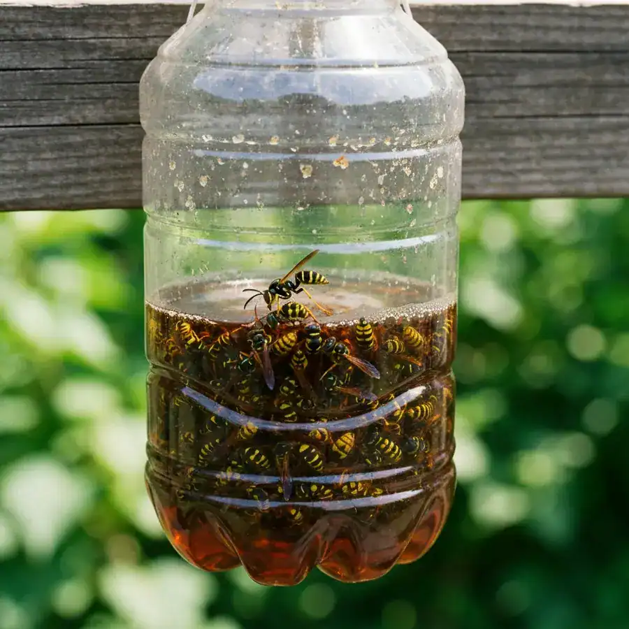 Dead wasps forming a solid raft inside a plastic bottle trap hanging from a weathered wooden beam.
