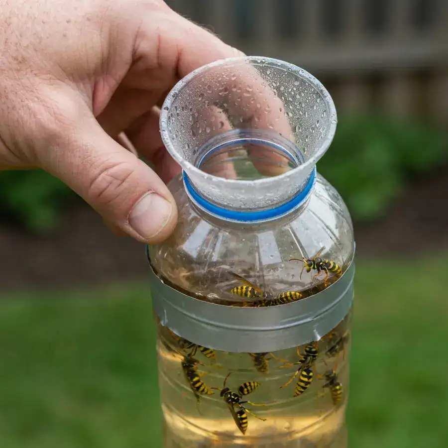 Close-up of a homemade plastic bottle trap containing trapped wasps against a blurred backyard garden background.