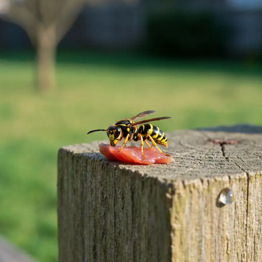 Close-up of a queen yellowjacket feeding on raw meat bait on a weathered wooden fence post in a garden.
