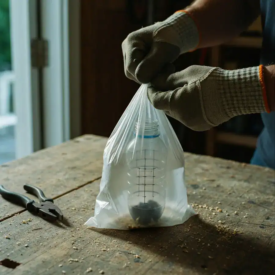 Gloved hands sealing a DIY wasp trap inside a plastic bag on a weathered workbench for safe disposal.