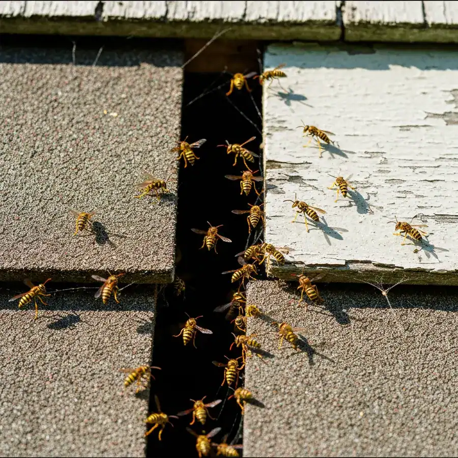 Yellowjackets swarming a jagged crack in weathered wooden siding on a residential home exterior.