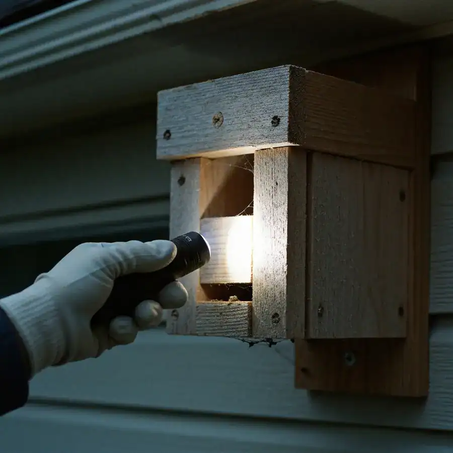 Gloved hand shining a flashlight into the slats of a cedar bat house mounted on a residential exterior at dusk.