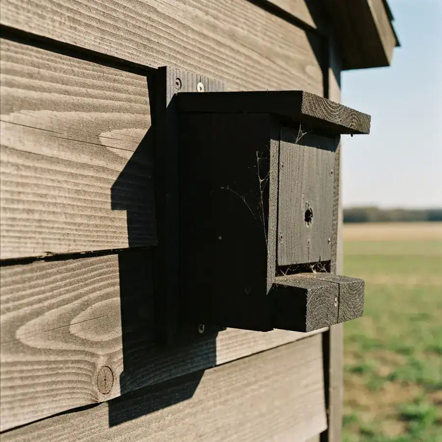 Close-up of a dark-stained bat house mounted on a sunlit building wall with a clear flight path.