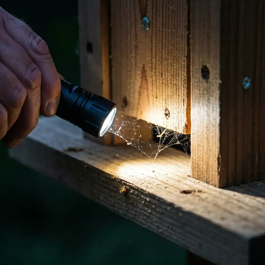 Flashlight beam illuminating the narrow entry crevice of a weathered cedar bat house during a field inspection.