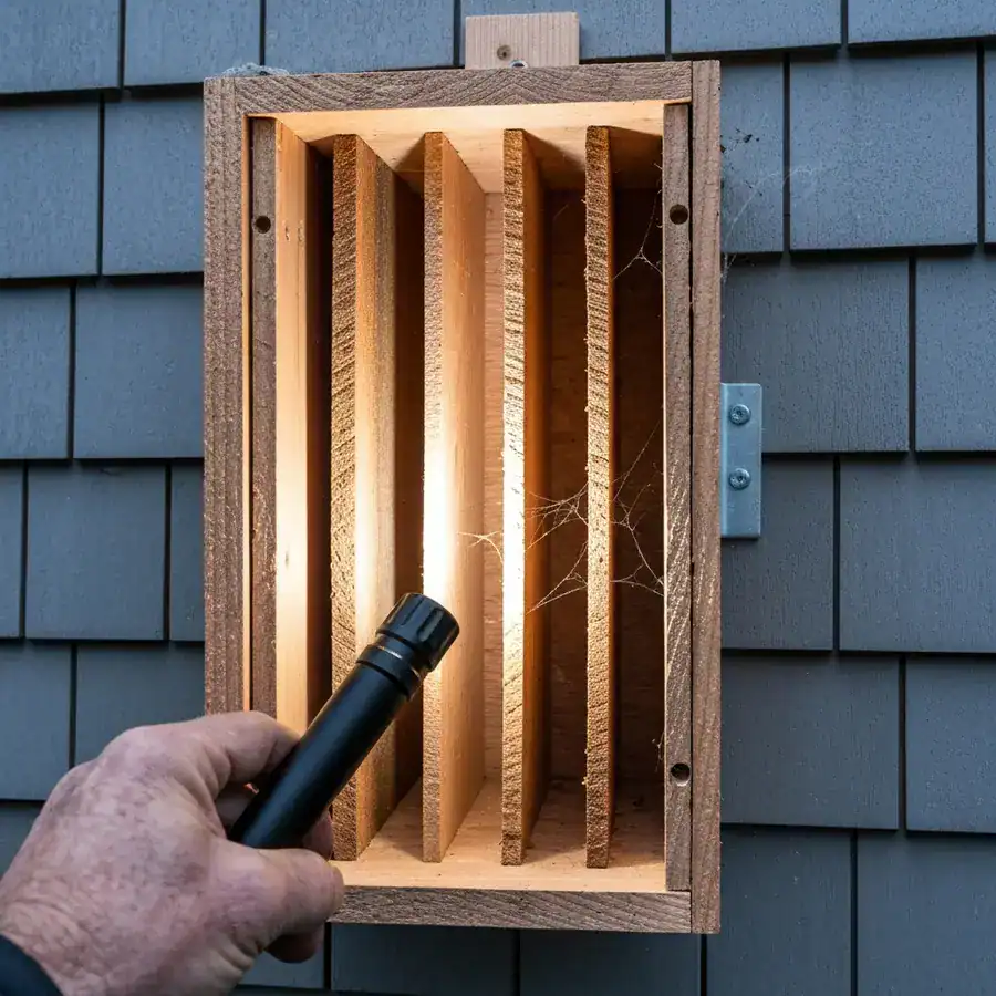 Flashlight illuminating roughened wood chambers inside a bat house mounted on a weathered garage wall.