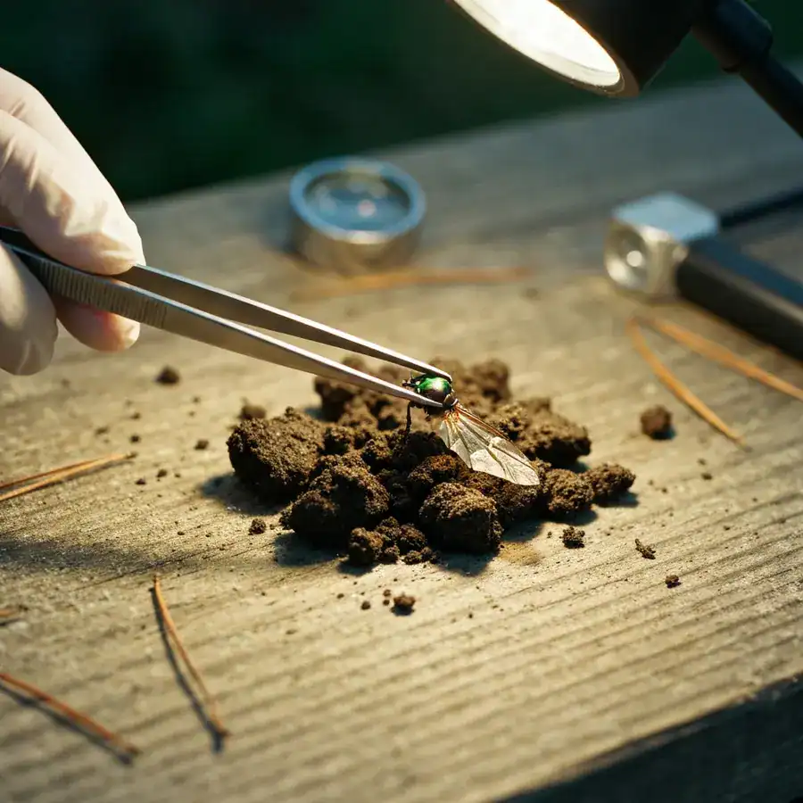 Gloved hand using tweezers to extract beetle fragments from bat guano on a weathered wooden field table.