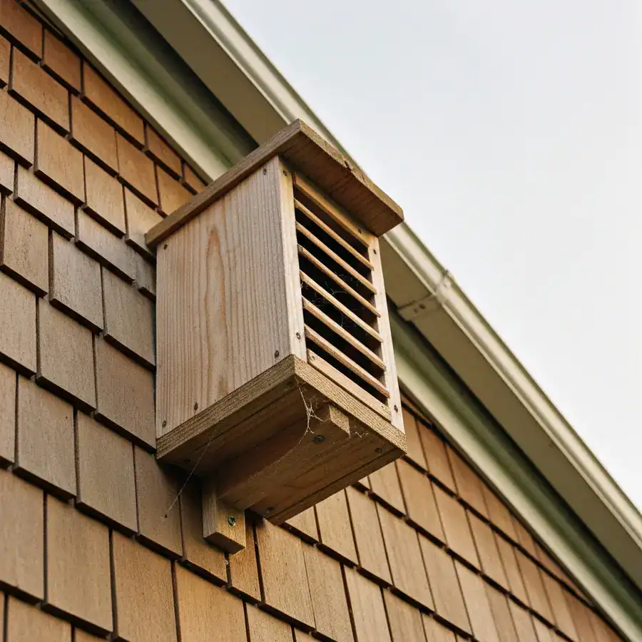 Weathered cedar bat house mounted high on a cedar-shake exterior wall near a metal rain gutter.