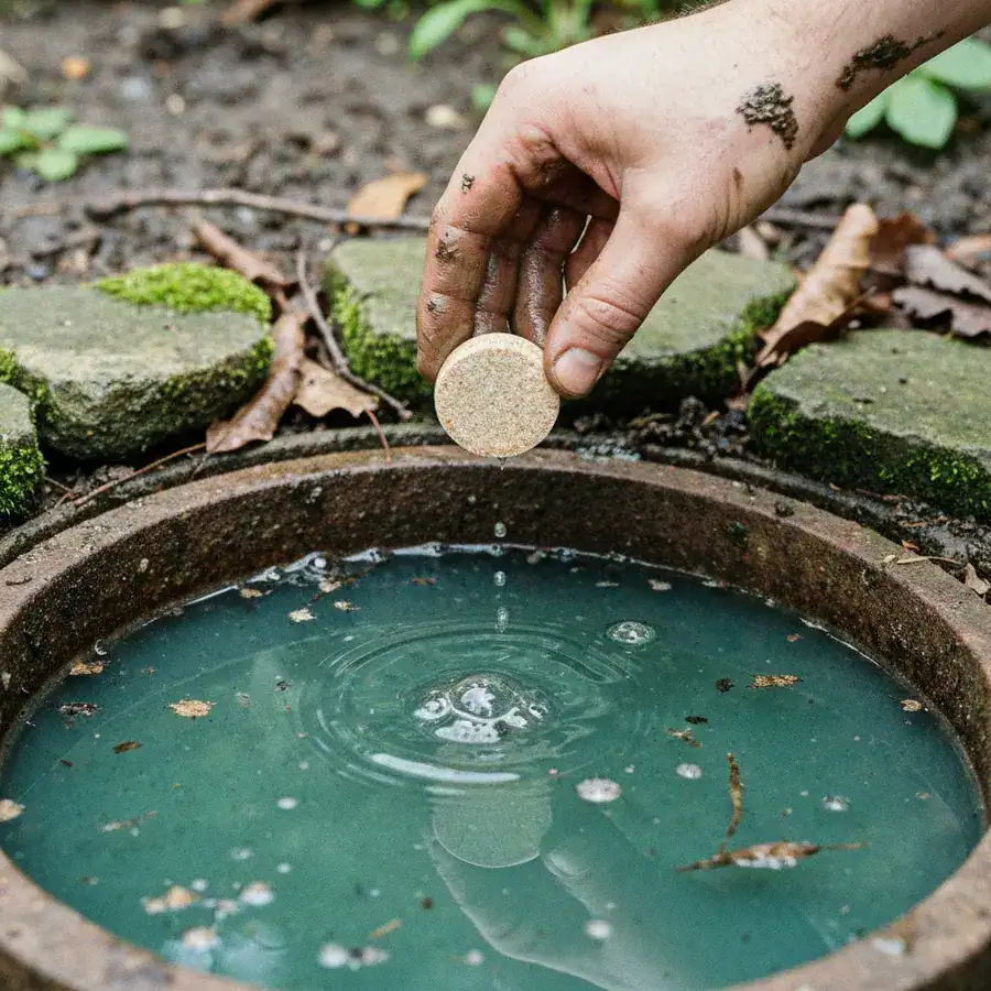 Close-up of a mosquito dunk tablet being dropped into stagnant water in a mossy garden basin.