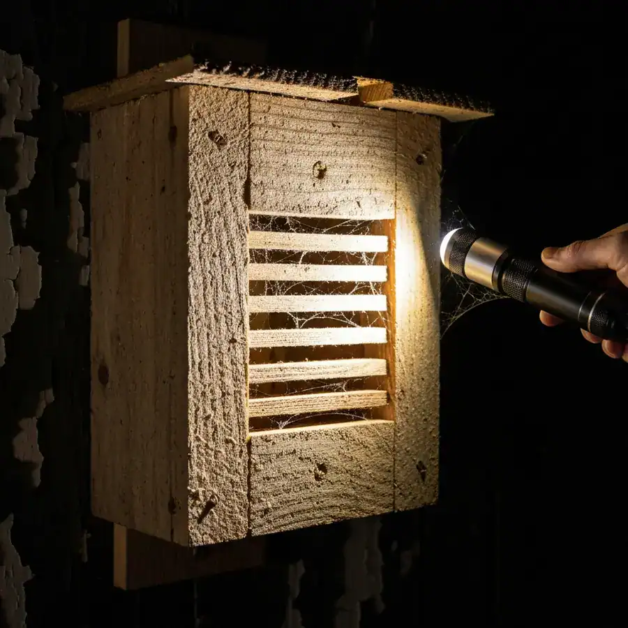 Close-up of a cedar multi-chamber bat house showing narrow slats and wood texture during a nighttime inspection.
