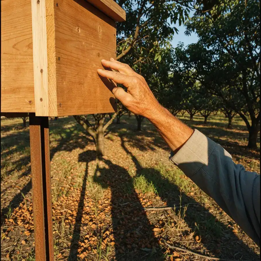 Close-up of a weathered hand touching a wooden bat house in a sun-drenched Texas pecan orchard.