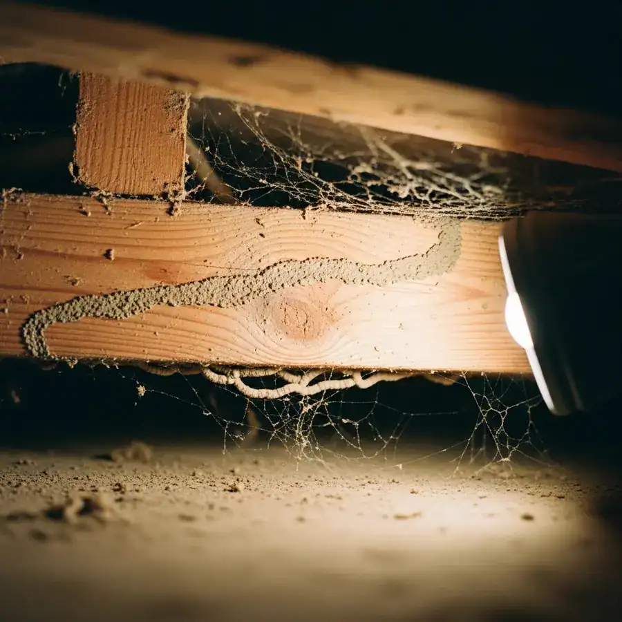 Close-up of damaged fascia board. Termite galleries exposed by flashlight. Flaking paint and cobwebs visible.

A technician's hand holding a moisture meter against a damp foundation wall, water stains are visible, and efflorescence is present. Documentary-style handheld shot on 35mm film. Aperture f/2.8. Slight organic film grain and sharp focus. Soft, cold light from a nearby basement window.