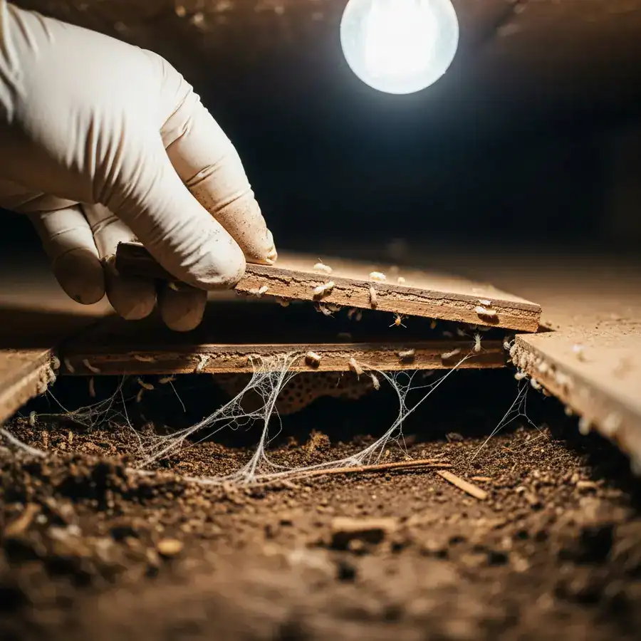 Close-up of mud tube being probed on a foundation wall. Termite damage in a cluttered, damp basement.