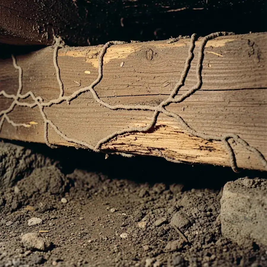 Close-up of layered, damaged wood. Flashlight highlights mud tubes in a damp basement corner.

A close-up of a pile of six-sided, tan-colored termite frass accumulating on a dusty windowsill below a dark, irregular hole in the wooden frame. Specks of dust float in the air caught by the weak light. Documentary-style handheld shot on 35mm film. Aperture f/2.8, slight film grain, sharp focus. Soft, cold light from a nearby window.