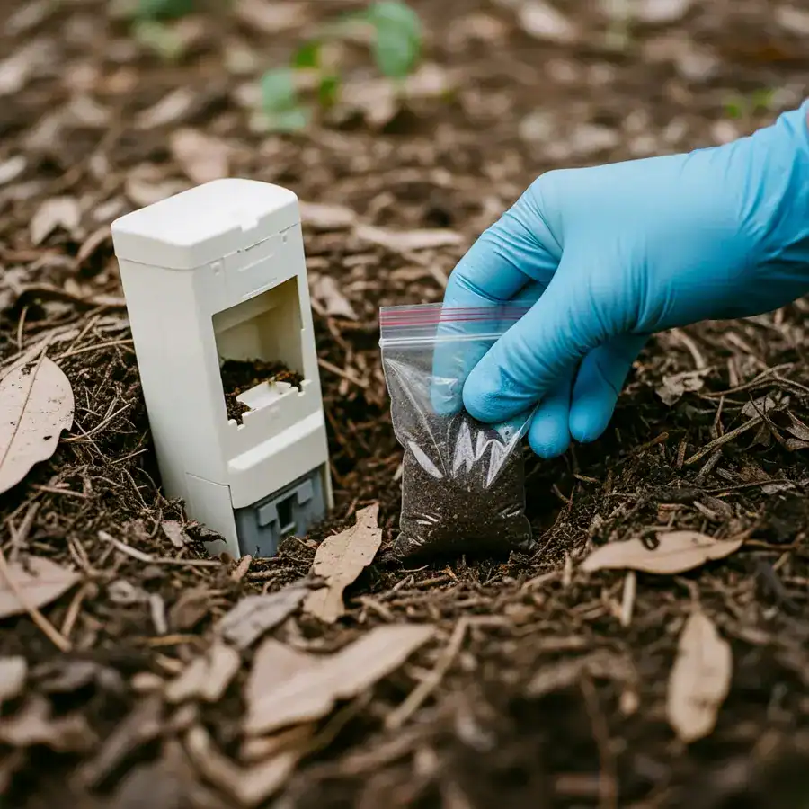 Close-up of soil bag near termite bait station. Mulch and leaves scattered around the in-ground trap.