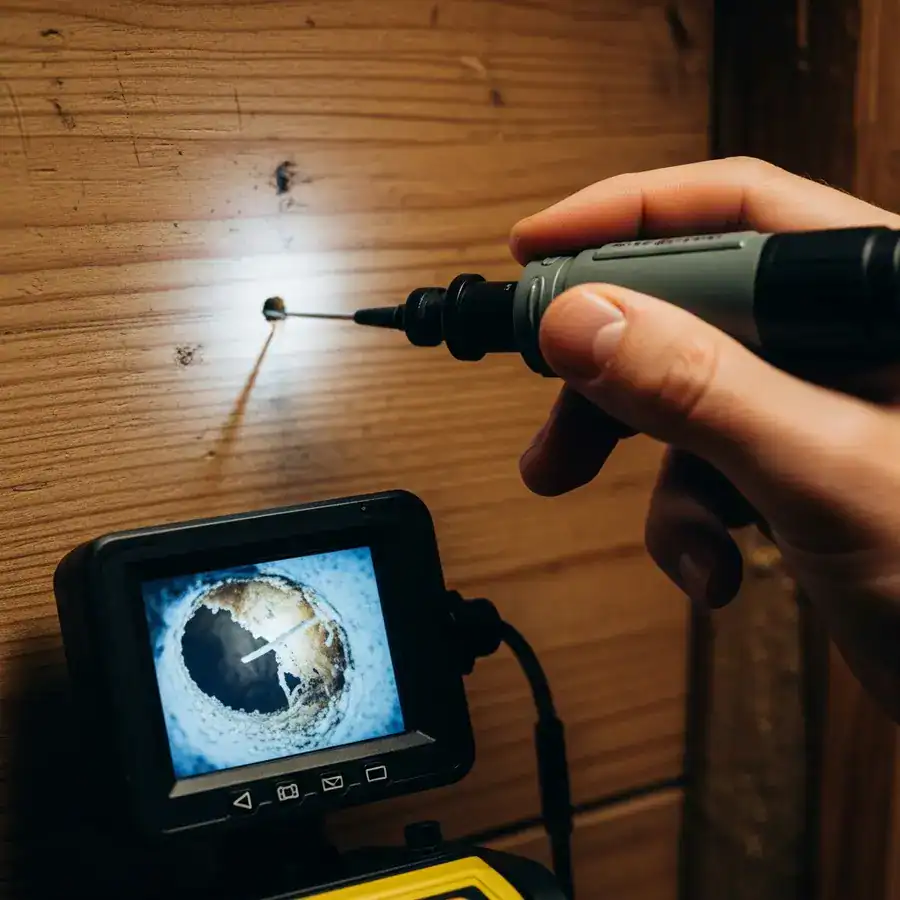 Close-up of termiticide injection into wood. Technician treats drywood termite infestation; peeling paint and sawdust visible.