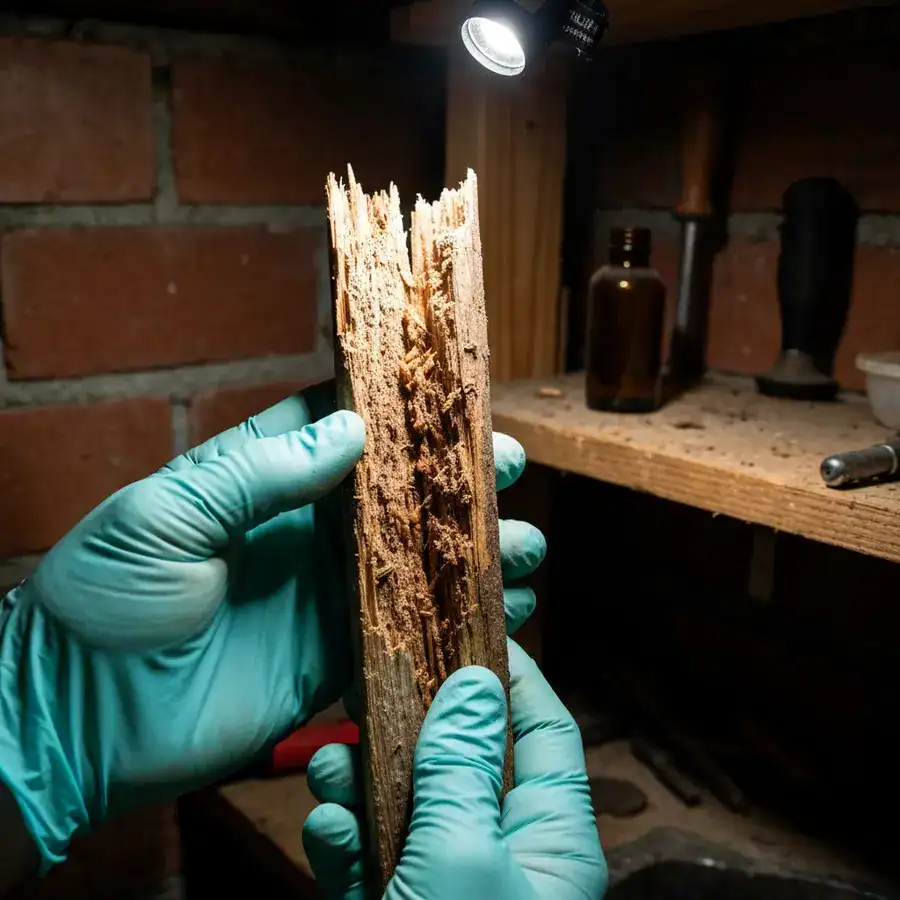 Nitrile-gloved hands holding a split cedarwood stake showing termite mortality in a dark, dusty basement.