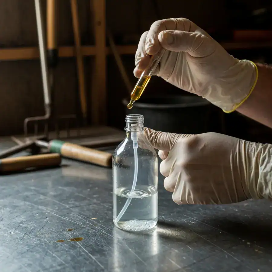 Gloved hands adding essential oil drops to a spray bottle with surfactant on a gritty metal workbench.