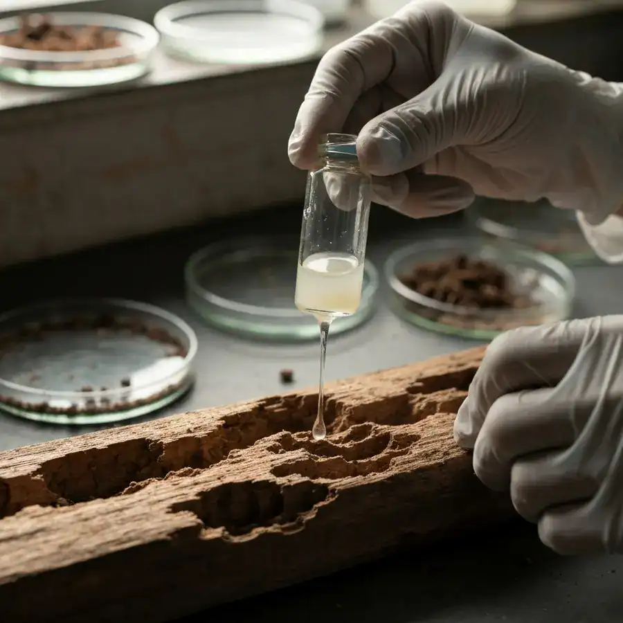 Gloved hands holding a glass vial of botanical oil over termite-damaged wood in a gritty research laboratory.
