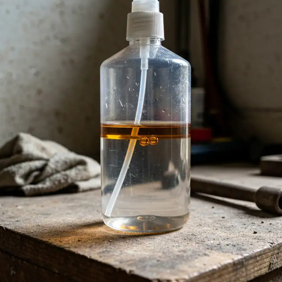 Close-up of amber oil floating on water inside a spray bottle on a dusty, cluttered garage workbench.