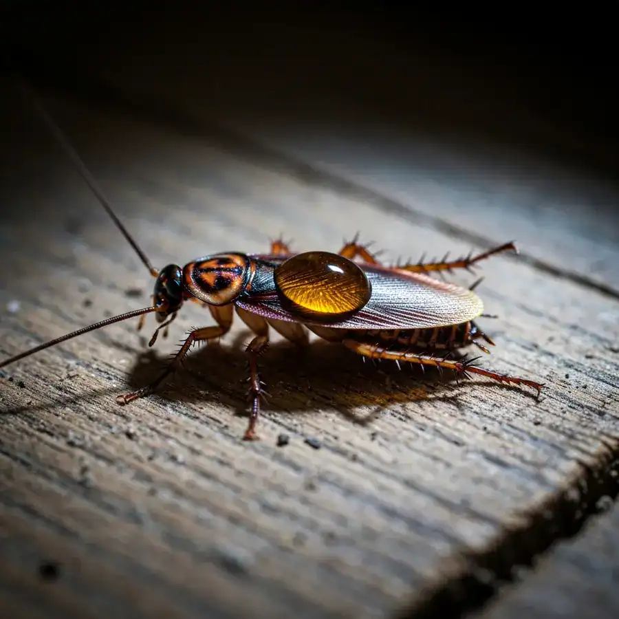 Paralyzed cockroach with a botanical oil droplet on its exoskeleton, lying on a dusty wooden floor.